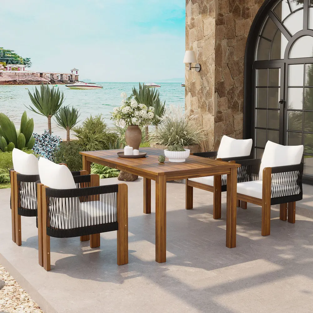 Luxury 5-Piece Outdoor Patio Dining Set for 4, Solid Acacia Wood Dinning Set with Rope Woven Chairs, Dining Furniture Set
Luxury 5-Piece Outdoor Patio Dining Set for 4, Solid Acacia Wood Dinning Set with Rope Woven Chairs, Dining Furniture Set
