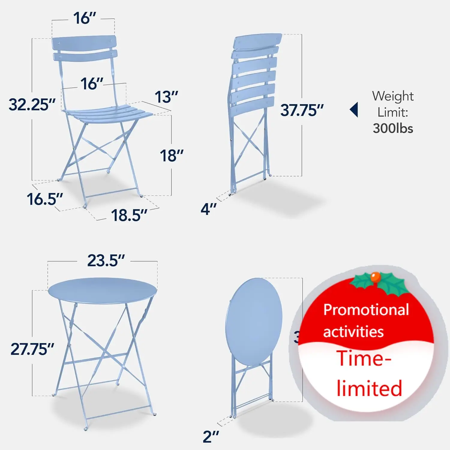 3-Piece Bistro Set, Space Saving Folding Design, Solid Steel, Outdoor Patio Furniture Set w/ 2 Chairs, Bistro Table - Light Blue
3-Piece Bistro Set, Space Saving Folding Design, Solid Steel, Outdoor Patio Furniture Set w/ 2 Chairs, Bistro Table - Light Blue