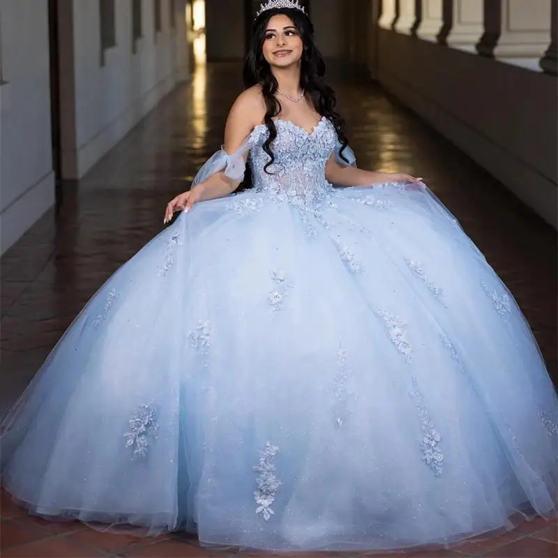 Customized Blue Off Shoulder Quinceanera Dresses Ball Gown Bead Appliques Birthday Luxury Dress 3D Flower Gown Sweet 15
Customized Blue Off Shoulder Quinceanera Dresses Ball Gown Bead Appliques Birthday Luxury Dress 3D Flower Gown Sweet 15