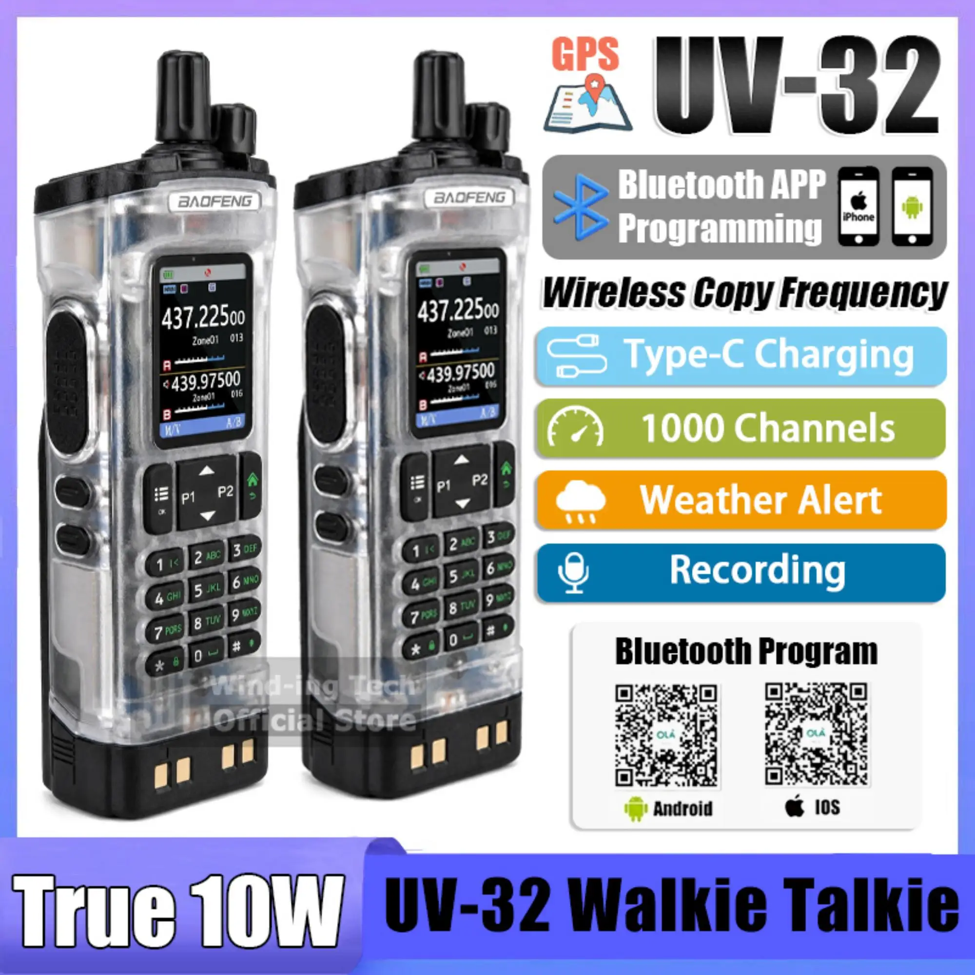 Baofeng UV-32 10W Two Way Radio Bluetooth Programming GPS NOAA 1000Channel Type-C Charging Wireless Copy Frequency Walkie Talkie
Baofeng UV-32 10W Two Way Radio Bluetooth Programming GPS NOAA 1000Channel Type-C Charging Wireless Copy Frequency Walkie Talkie