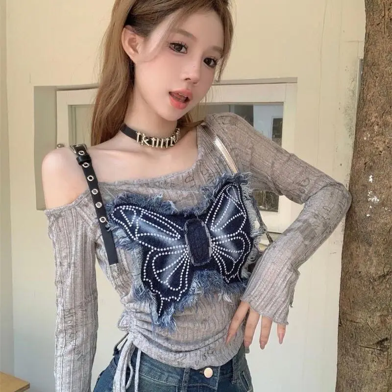 Vintage Harajuku Women's Denim Patchwork Off-Shoulder Long Sleeve Crop Tops Y2k Slim Tshirt Gothic Kawaii Tees Sexy Streetwear
Vintage Harajuku Women's Denim Patchwork Off-Shoulder Long Sleeve Crop Tops Y2k Slim Tshirt Gothic Kawaii Tees Sexy Streetwear