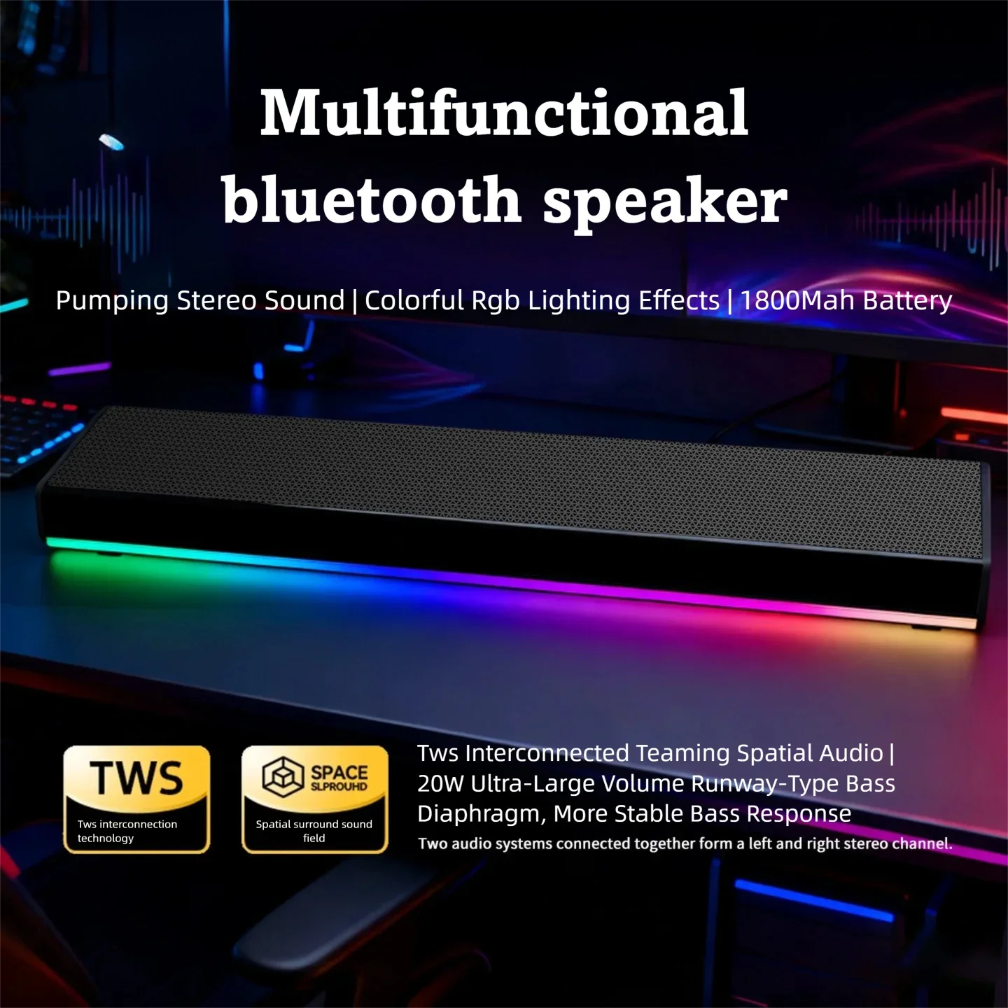 Настольный Bluetooth-саундбар, аккумулятор 1800 мАч, длительное время работы от батареи, Bluetooth 5.4, RGB-подсветка, стереозвук, входы USB/TF/AUX, компьютерная колонка
Настольный Bluetooth-саундбар, аккумулятор 1800 мАч, длительное время работы от батареи, Bluetooth 5.4, RGB-подсветка, стереозвук, входы USB/TF/AUX, компьютерная колонка