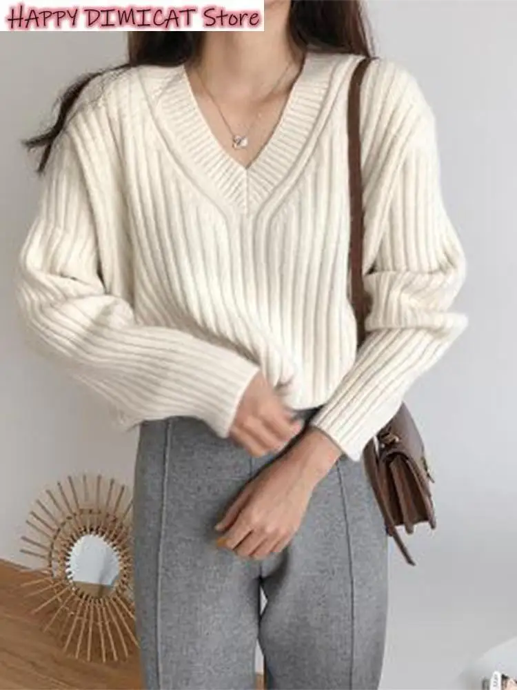 Vintage Short Pullovers Jumper Lady Sweater V-neck Loose Solid Womens Knitted Top Autumn Winter Long Sleeve Female Ribbed
Vintage Short Pullovers Jumper Lady Sweater V-neck Loose Solid Womens Knitted Top Autumn Winter Long Sleeve Female Ribbed
