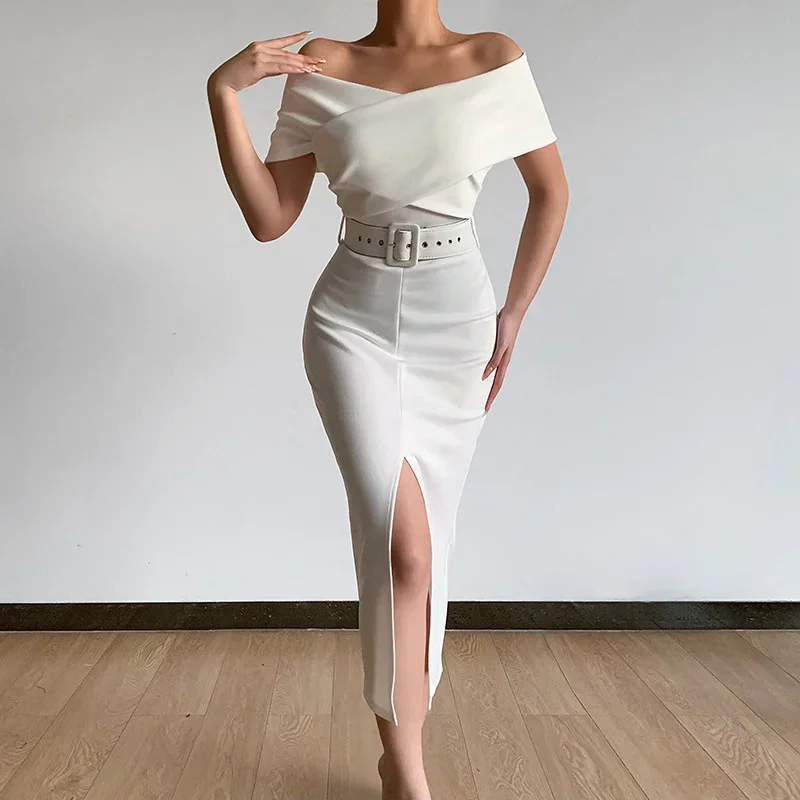 Summer Women Crossover Wrap Bust Off The Shoulder Dresses Elegant Female Office Commuter Dress Slim Fit Split Hem Gown With Belt
Summer Women Crossover Wrap Bust Off The Shoulder Dresses Elegant Female Office Commuter Dress Slim Fit Split Hem Gown With Belt