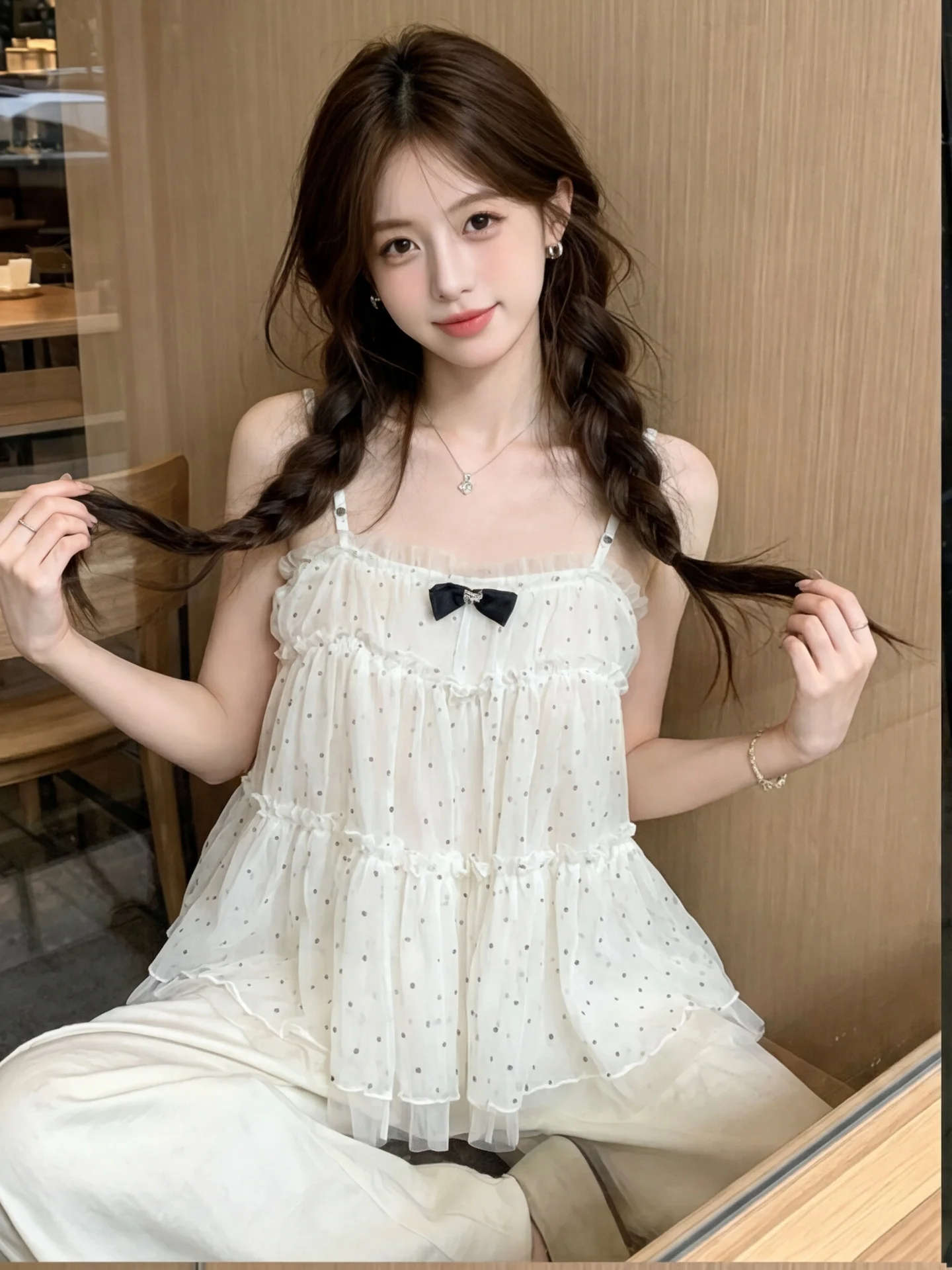 Pure Sweet Polka Dot Ruffle Chiffon Strap Vest Women Summer Mesh Splice Knot Sleeveless Shoulder Baring Top
Pure Sweet Polka Dot Ruffle Chiffon Strap Vest Women Summer Mesh Splice Knot Sleeveless Shoulder Baring Top