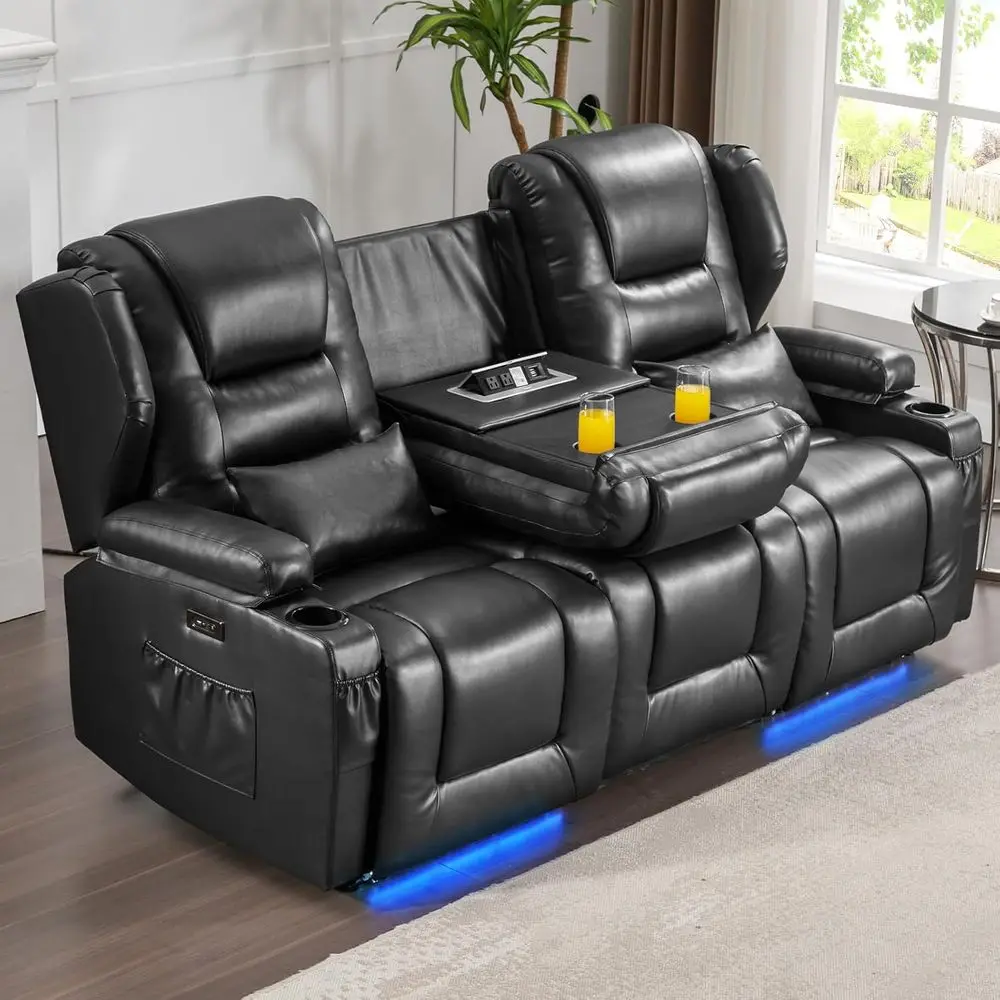 Adjustable Split Back Reclining Loveseat with Storage, Cup Holders, and LED Lighting - Black Auxiliary Leather Home Theater Seat
Adjustable Split Back Reclining Loveseat with Storage, Cup Holders, and LED Lighting - Black Auxiliary Leather Home Theater Seat