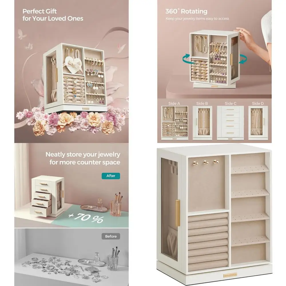 360° Rotating Jewelry Storage Case with 5 Drawers, Spacious Vertical Organizer, Glass Window, Cloud White
360° Rotating Jewelry Storage Case with 5 Drawers, Spacious Vertical Organizer, Glass Window, Cloud White