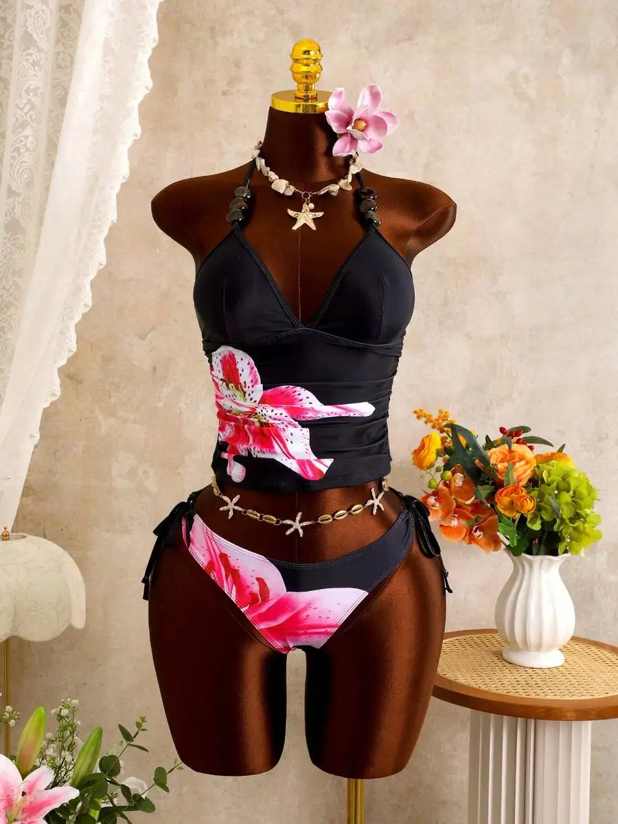 Womens Black Floral Print Ruched Tie-Waist Bikini Set With Side Tie Backless Camisole Top
Womens Black Floral Print Ruched Tie-Waist Bikini Set With Side Tie Backless Camisole Top