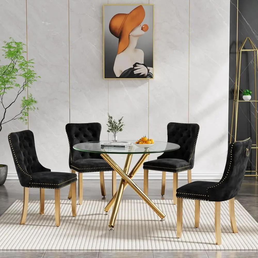 Glass Dining Table Set for 4 with Gold Accents and Black Chairs
Glass Dining Table Set for 4 with Gold Accents and Black Chairs