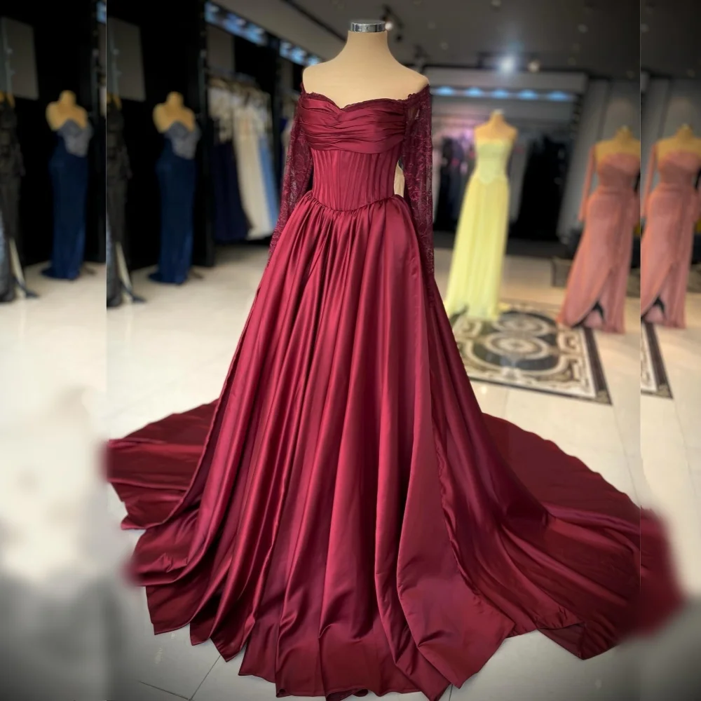 Customized Charmeuse Pleat Lace Off-the-shoulder A-line Floor-length Bespoke Occasion Woman Elegant Party Wedding Formal
Customized Charmeuse Pleat Lace Off-the-shoulder A-line Floor-length Bespoke Occasion Woman Elegant Party Wedding Formal