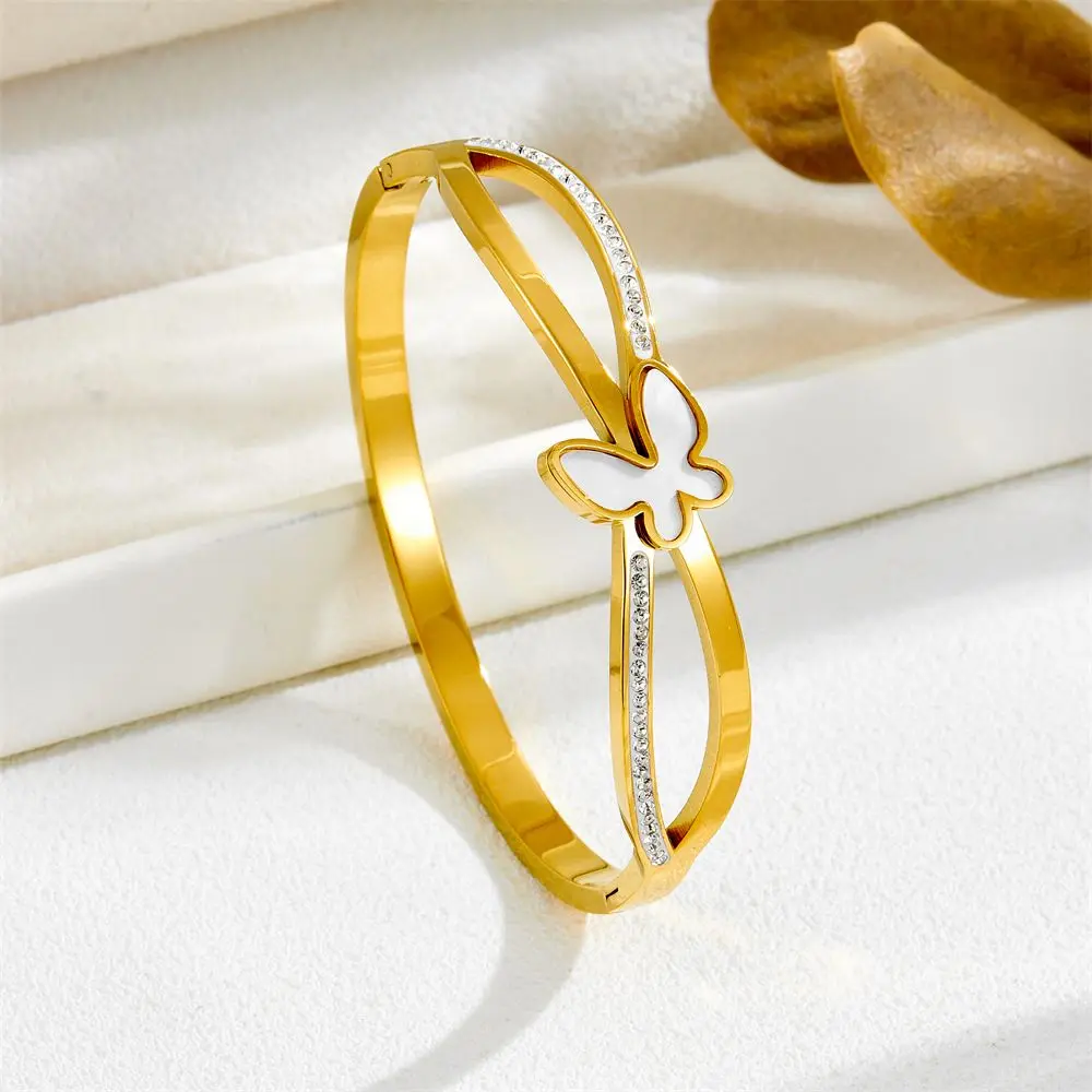 316L Stainless Steel White Butterfly Themed Bracelet 18K Gold Plated Bangle Elegant Stylish Cross Over Design Jewelry For Women
316L Stainless Steel White Butterfly Themed Bracelet 18K Gold Plated Bangle Elegant Stylish Cross Over Design Jewelry For Women
