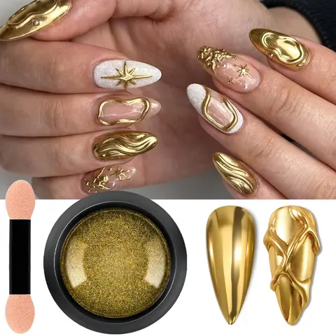 Golden Mirror Chrome Nail Powder Metallic Effect Nail Glitter With Sponge Stick DIY Nail Art Salon Manicure Decoration Pigment