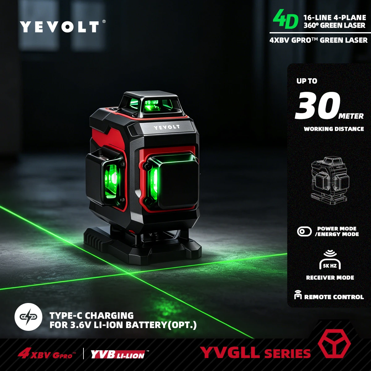 YEVOLT YVGLL4XS16 16 Lines 4-Plane Green Laser Level Tools 4D with 3Ah/5.2Ah Power Self-Leveling Machine Horizontal & Vertical
YEVOLT YVGLL4XS16 16 Lines 4-Plane Green Laser Level Tools 4D with 3Ah/5.2Ah Power Self-Leveling Machine Horizontal & Vertical