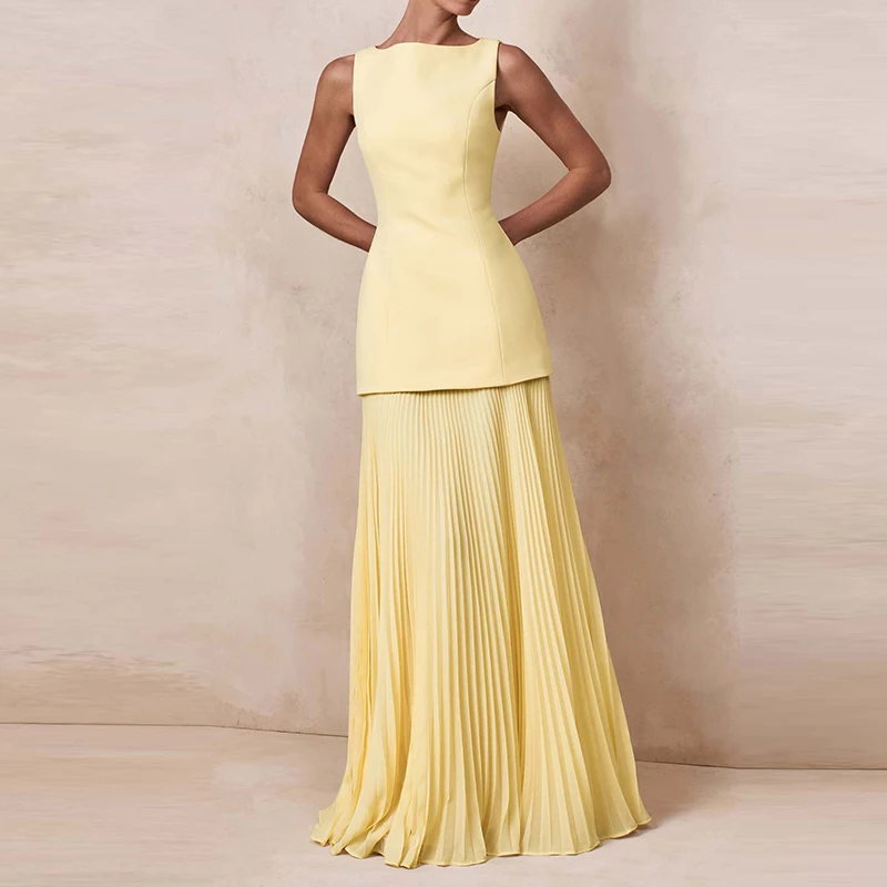 2026 Spring Summer Sleeveless Evening Dress Women Fashion Solid Patchwork Pleated Long Dress Elegant Slim Office Lady Maxi Dress
2026 Spring Summer Sleeveless Evening Dress Women Fashion Solid Patchwork Pleated Long Dress Elegant Slim Office Lady Maxi Dress