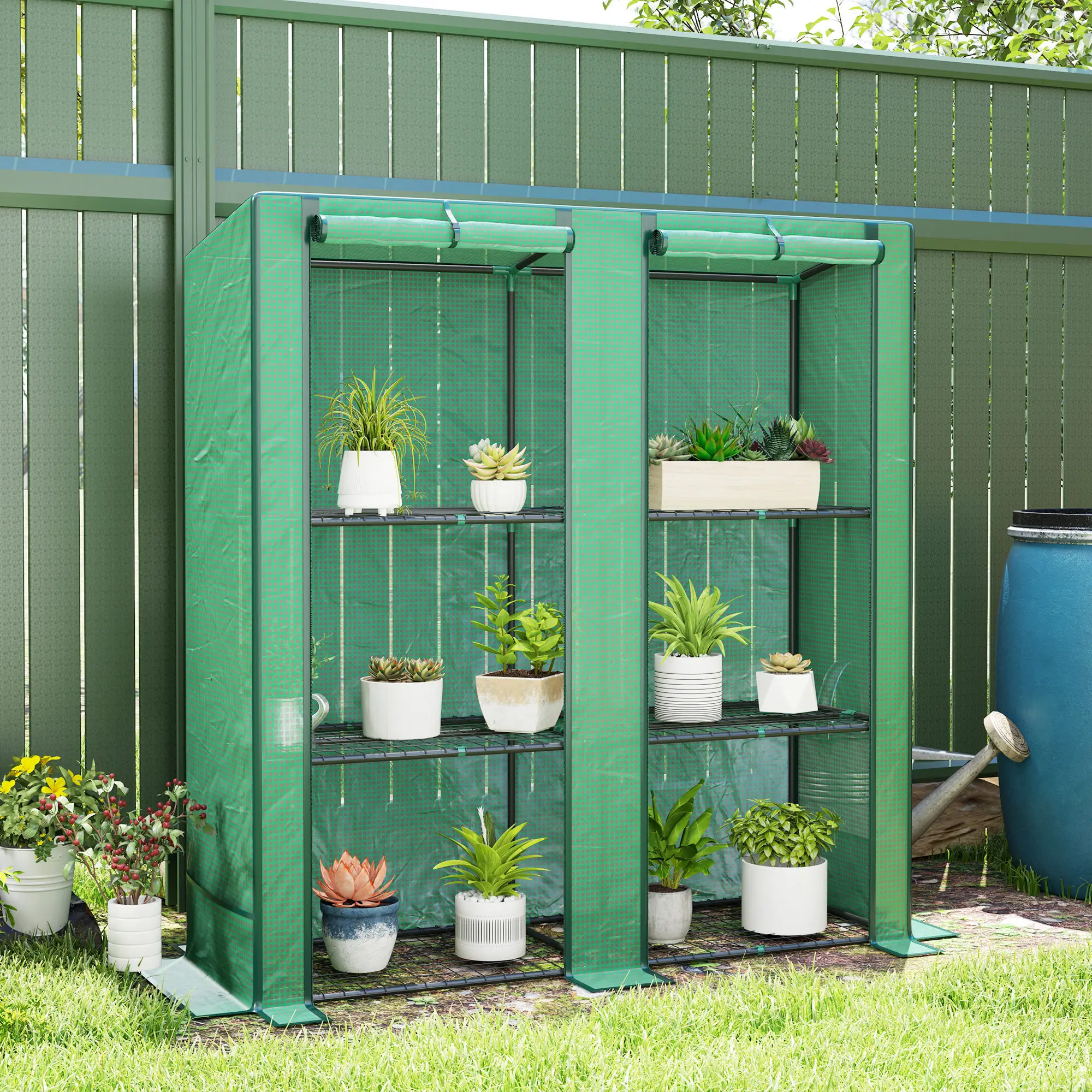 Lean-To Greenhouse with 3 Tier Shelves, Portable Greenhouse with Pe Cover, 2 Roll-Up Doors, 56.7" X 18.9" X 59.8", Green
Lean-To Greenhouse with 3 Tier Shelves, Portable Greenhouse with Pe Cover, 2 Roll-Up Doors, 56.7" X 18.9" X 59.8", Green