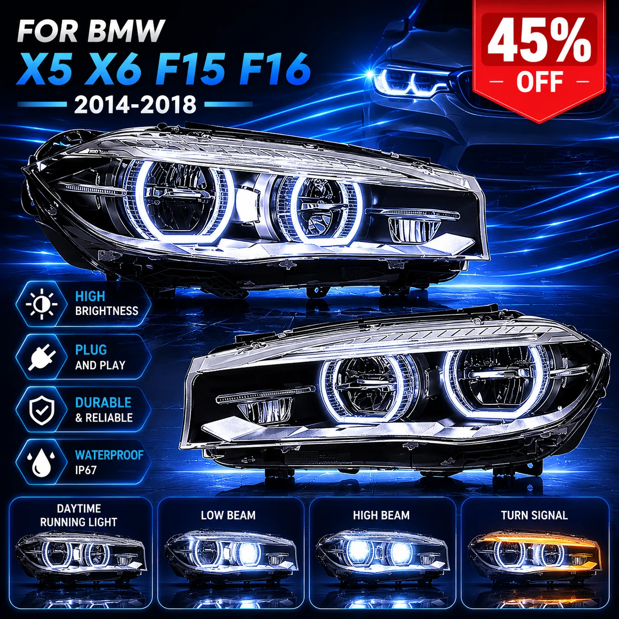 Car LED Headlight Light Parts For BMW X5 X6 F15 F16 2014-2018 Auto Fog DRL Brake Turn Signal Lamp Plug And Play
Car LED Headlight Light Parts For BMW X5 X6 F15 F16 2014-2018 Auto Fog DRL Brake Turn Signal Lamp Plug And Play