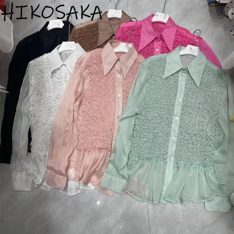 Sexy See Through Chiffon Blouse Pleated Patchwork Single Breasted Turn-down Collar Shirts Solid Sweet Long Sleeve Top Blusas
Sexy See Through Chiffon Blouse Pleated Patchwork Single Breasted Turn-down Collar Shirts Solid Sweet Long Sleeve Top Blusas