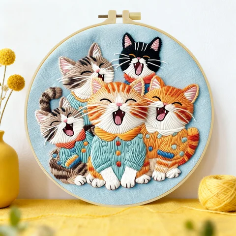 ชุดเริ่มต้นงานปักผ้า 1 ชิ้น ขนาด 20x20 ซม./15x15 ซม. (7.87/6.3 นิ้ว) ชุด DIY สำหรับตกแต่งบ้าน ลายลูกแมว