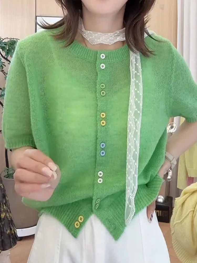Ice Silk Knitted Short Sleeve Open Cardigan Women's Summer New round Neck Button T-Shirt Elegant Slimming Pure Color Top
Ice Silk Knitted Short Sleeve Open Cardigan Women's Summer New round Neck Button T-Shirt Elegant Slimming Pure Color Top
