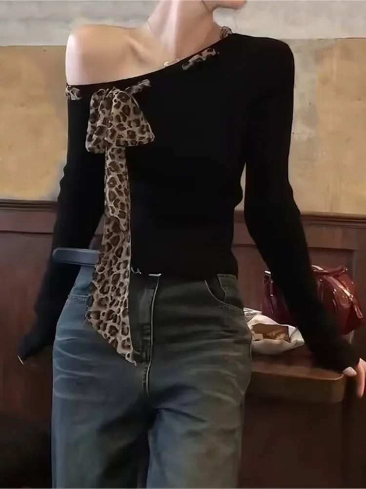 Sexy Off Shoulder Leopard Bow Tied Long Sleeve T Shirt Women Sexy Elegant Tight Basic Top Casual Black T-shirts Casual Tees
Sexy Off Shoulder Leopard Bow Tied Long Sleeve T Shirt Women Sexy Elegant Tight Basic Top Casual Black T-shirts Casual Tees