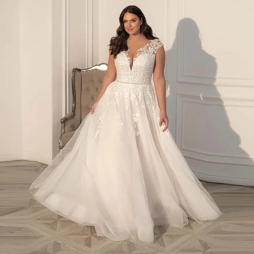 Boho Sheer O-neck Sleeveless Customized A line Wedding Dress Plus Size Appliqures With Sash Illusion Back With Train Bridal Gown
Boho Sheer O-neck Sleeveless Customized A line Wedding Dress Plus Size Appliqures With Sash Illusion Back With Train Bridal Gown