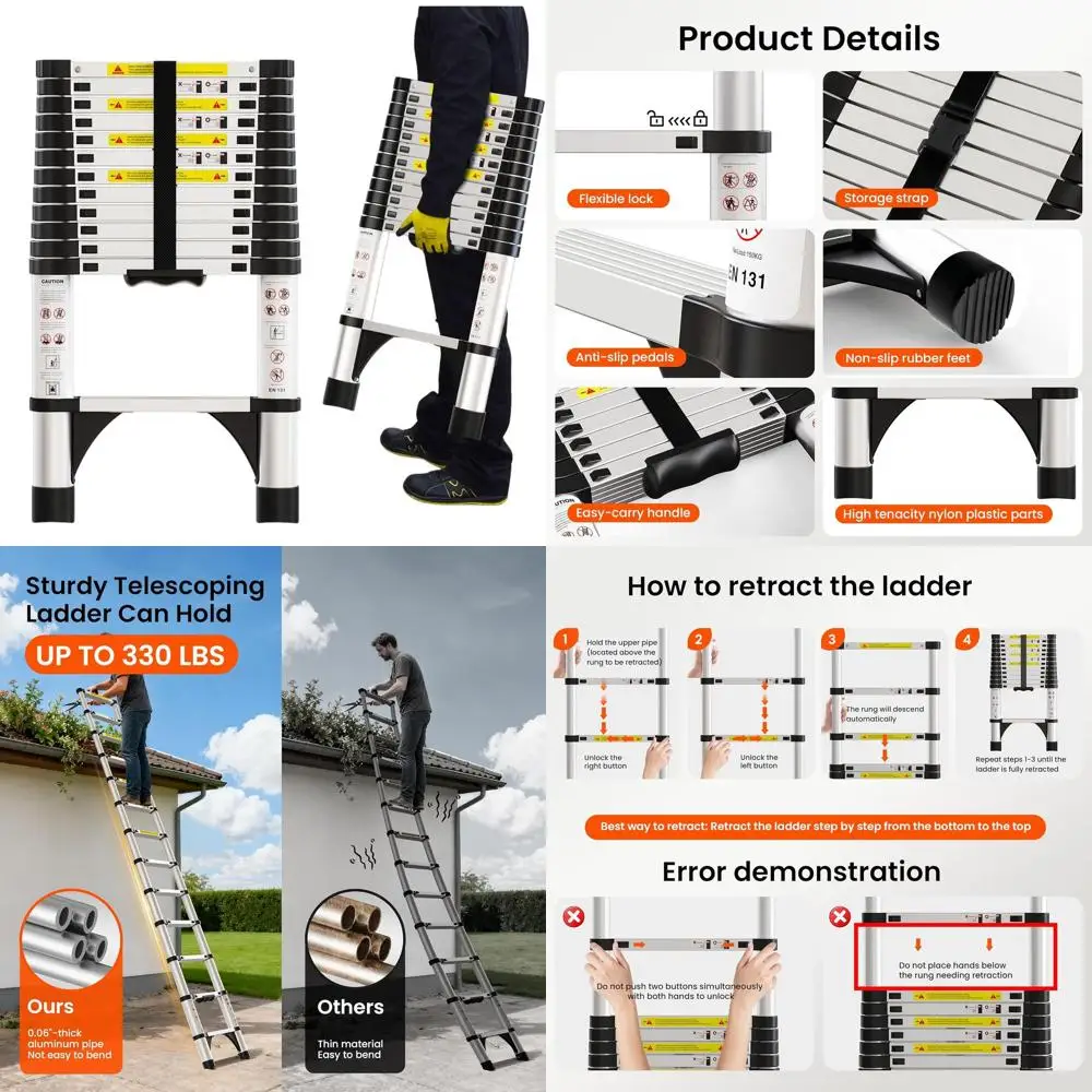12.5FT Aluminum Telescoping Ladder - Collapsible, Portable, Extendable for Home and RV Use, 330lbs Capacity
12.5FT Aluminum Telescoping Ladder - Collapsible, Portable, Extendable for Home and RV Use, 330lbs Capacity