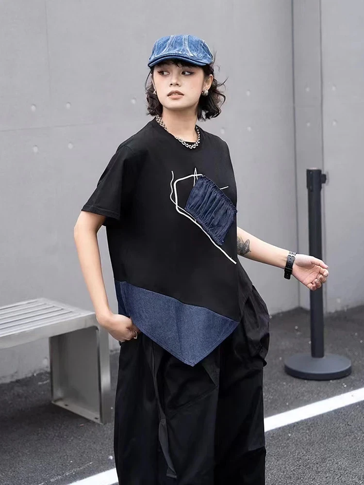 Irregular Short Sleeved T-shirt Denim O-neck Pullover Patchwork Personality Simplicity Fashion Women Ladies Top
Irregular Short Sleeved T-shirt Denim O-neck Pullover Patchwork Personality Simplicity Fashion Women Ladies Top