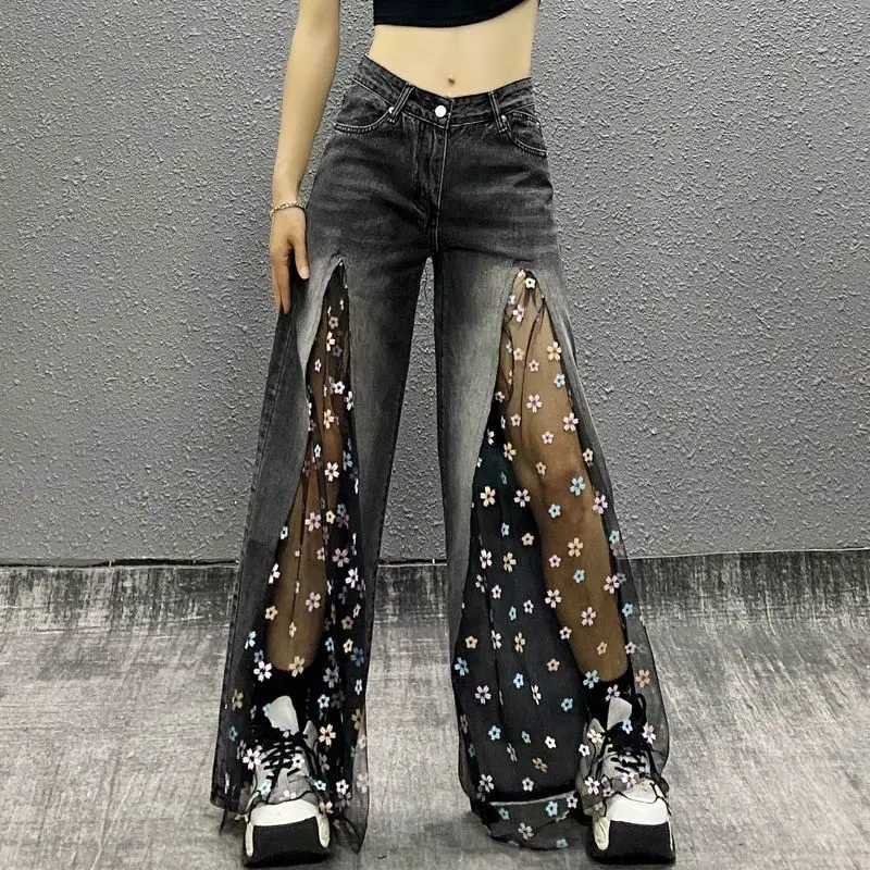 Mesh Lace Spliced Floral Jeans Women Denim Pant Spring New High-waist Loose Versatile Wide-leg Pants Casual Full Length Trousers
Mesh Lace Spliced Floral Jeans Women Denim Pant Spring New High-waist Loose Versatile Wide-leg Pants Casual Full Length Trousers