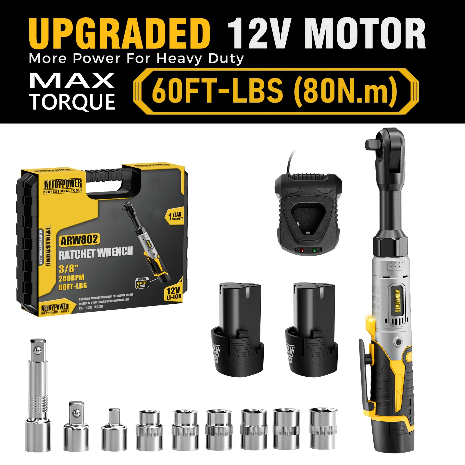 Cordless Electric Ratchet Wrench Set, 3/8" 12V Power Ratchet Tool Kit, 60 Ft-lbs Extended Power Ratchet, 2 Batteries Electric Ratchet Wrench with Variable Speed, 6 Sockets, LED Light, 1/4" Adapter, 1/2" Adapter, Case
Cordless Electric Ratchet Wrench Set, 3/8" 12V Power Ratchet Tool Kit, 60 Ft-lbs Extended Power Ratchet, 2 Batteries Electric Ratchet Wrench with Variable Speed, 6 Sockets, LED Light, 1/4" Adapter, 1/2" Adapter, Case