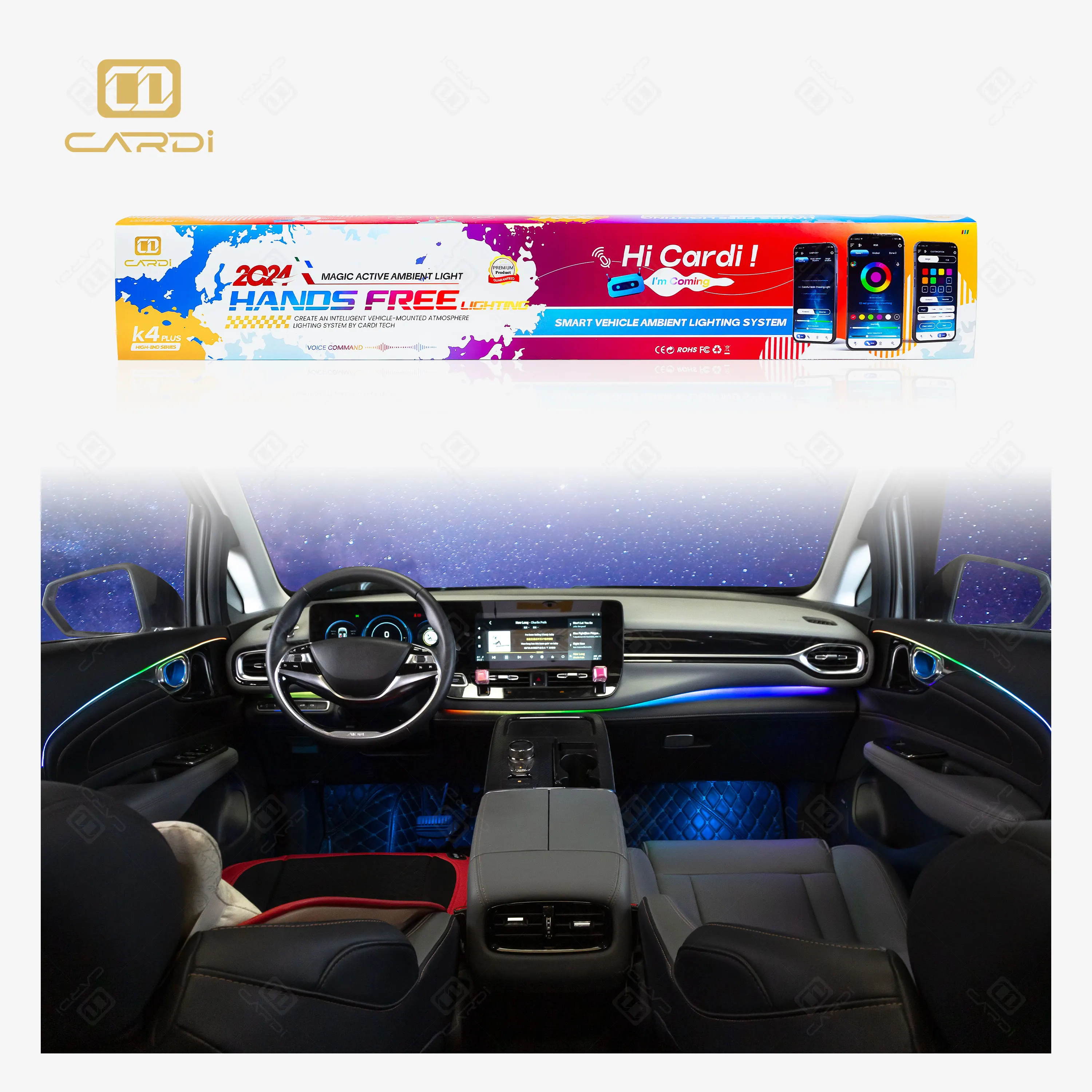 Hot selling:'CARDI' K4 Plus 10-IN-1 Sync with Music Symphony Atmosphere Light for Universal Car Interior Accessories
Hot selling:'CARDI' K4 Plus 10-IN-1 Sync with Music Symphony Atmosphere Light for Universal Car Interior Accessories