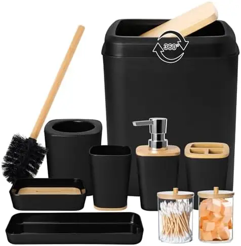 Black 9-Piece Bathroom Set with Trash Can, Toothbrush Holder, Dispenser & More
Black 9-Piece Bathroom Set with Trash Can, Toothbrush Holder, Dispenser & More