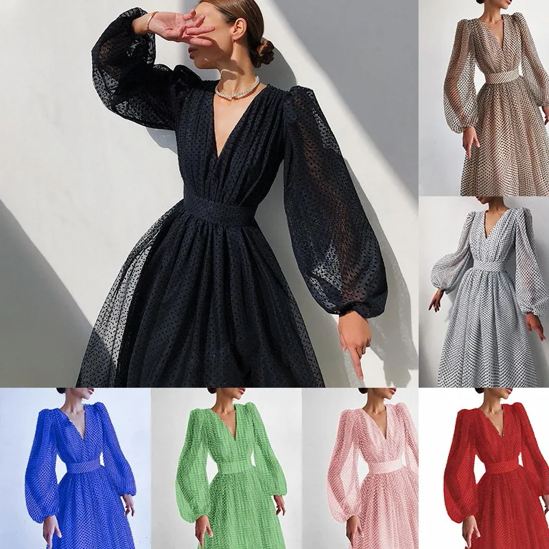 Women's Elegant Puff Sleeve Solid Color Polka Dot Large Swing Dress Fashion Office Lady Casual Sexy V-Neck Evening Dresses
Women's Elegant Puff Sleeve Solid Color Polka Dot Large Swing Dress Fashion Office Lady Casual Sexy V-Neck Evening Dresses