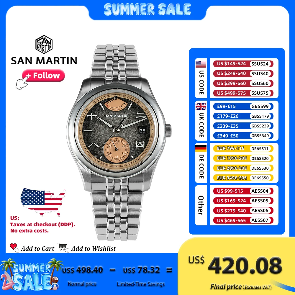 San Martin New 39mm Men Watch Miyota 9132 Power Reserve Display Original Design Mechanical Watches Waterproof Luminous SN0144
San Martin New 39mm Men Watch Miyota 9132 Power Reserve Display Original Design Mechanical Watches Waterproof Luminous SN0144