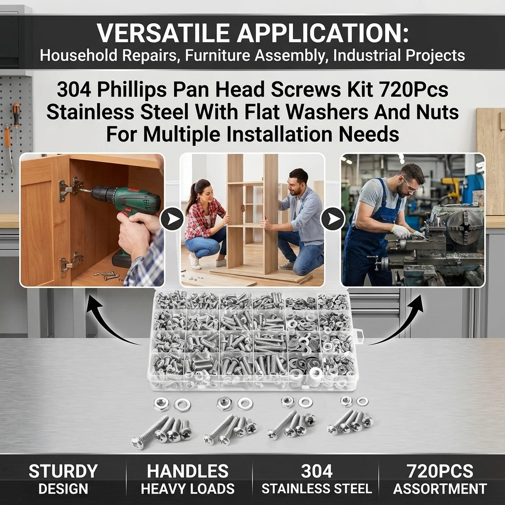 304 Phillips Pan Head Screws Kit 720Pcs Stainless Steel With Flat Washers And Nuts For Multiple Installation Needs
304 Phillips Pan Head Screws Kit 720Pcs Stainless Steel With Flat Washers And Nuts For Multiple Installation Needs