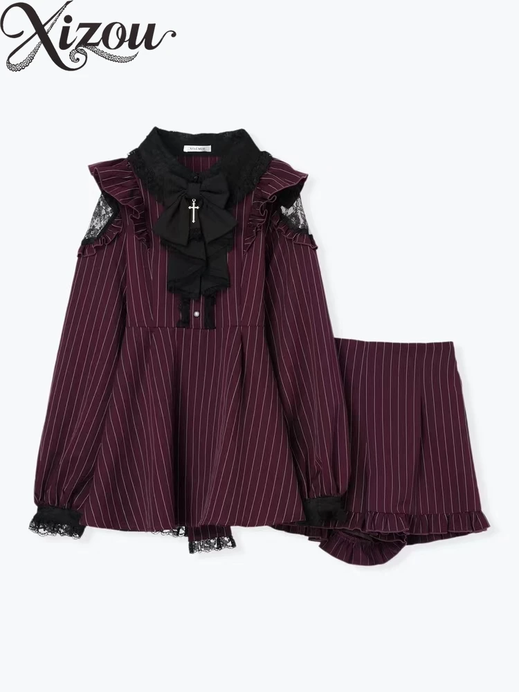 Japanese Y2k 2 Piece Sets Mine Series Mass-produced Bow Lace Dress and Shorts Set Long Sleeved Striped Suit Spring Autumn
Japanese Y2k 2 Piece Sets Mine Series Mass-produced Bow Lace Dress and Shorts Set Long Sleeved Striped Suit Spring Autumn