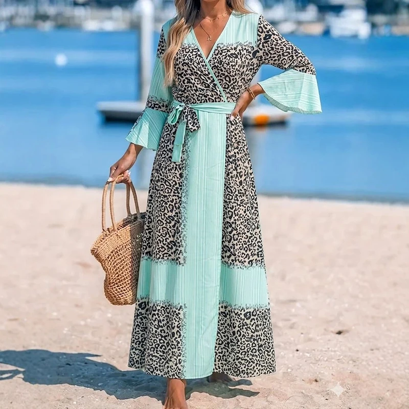 Elegant Lace-Up Waist Maxi Dress Sexy V-neck Flared Sleeve Beach Long Dress Fashion Leopard Print Striped Patchwork Women Dress
Elegant Lace-Up Waist Maxi Dress Sexy V-neck Flared Sleeve Beach Long Dress Fashion Leopard Print Striped Patchwork Women Dress