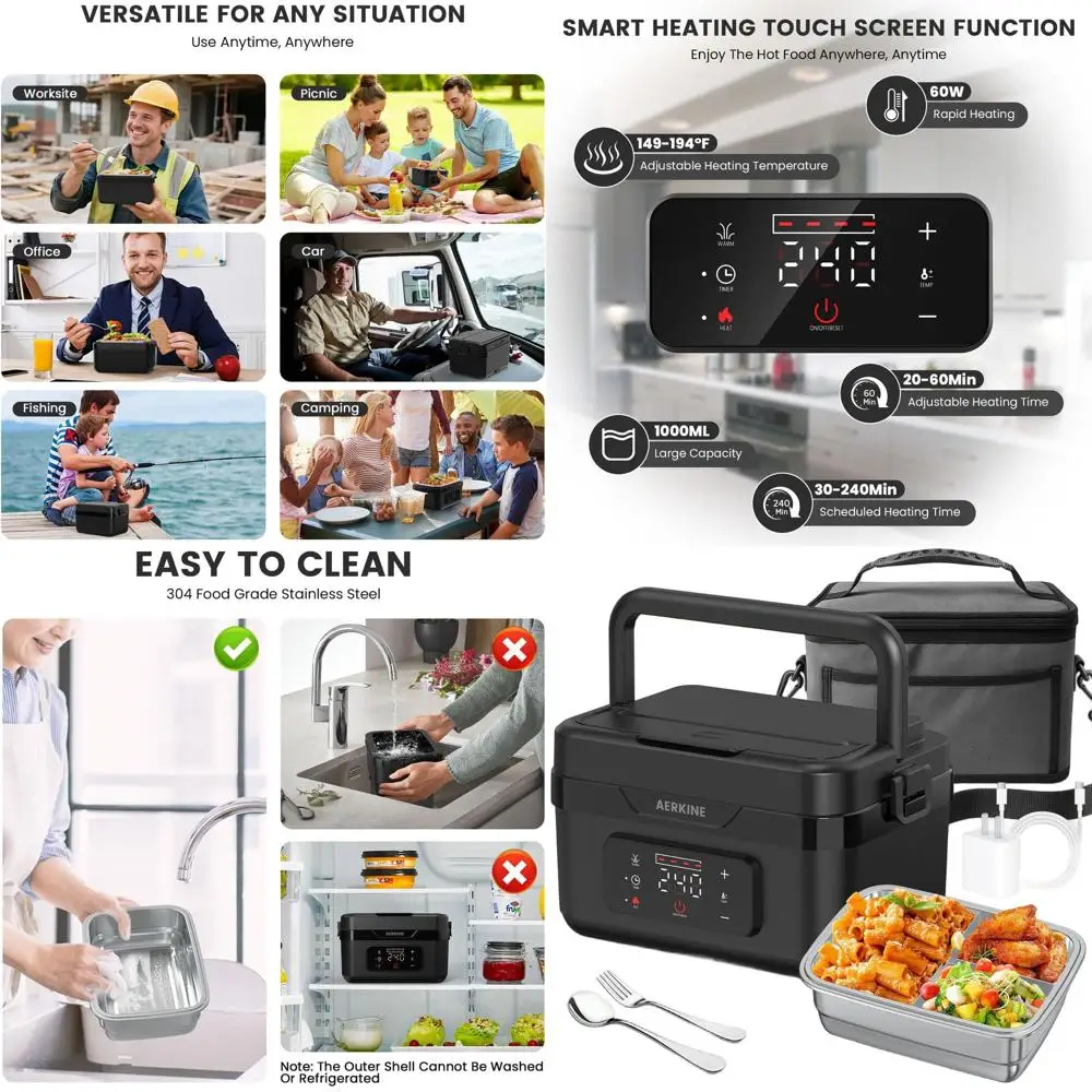 Rechargeable 60W Electric Lunch Box - 1.0L Stainless Steel, Self-Heating Food Warmer for Office, Picnic, Car, Outdoor Use
Rechargeable 60W Electric Lunch Box - 1.0L Stainless Steel, Self-Heating Food Warmer for Office, Picnic, Car, Outdoor Use