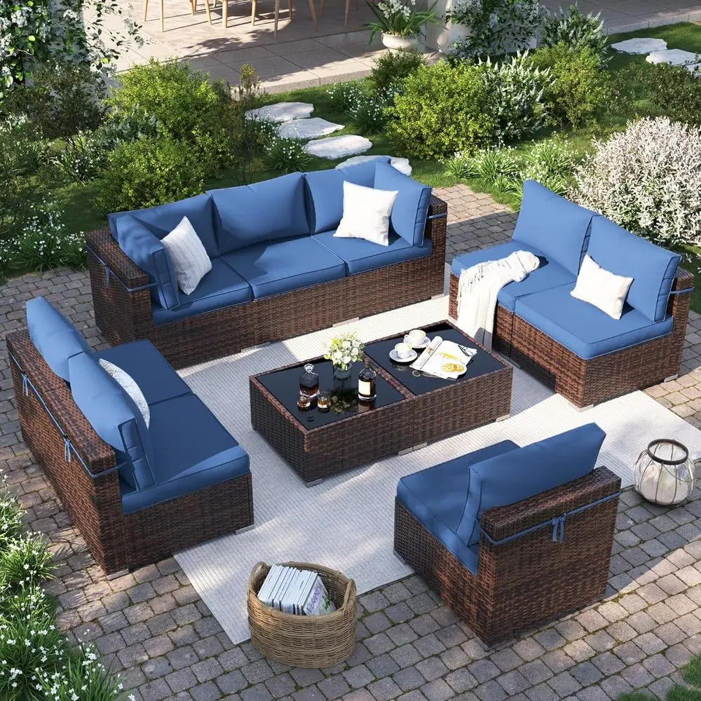 10-Piece Outdoor Sectional Patio Furniture Set with Waterproof Cover and All-Weather Wicker, Brown with Navy Cushions
10-Piece Outdoor Sectional Patio Furniture Set with Waterproof Cover and All-Weather Wicker, Brown with Navy Cushions