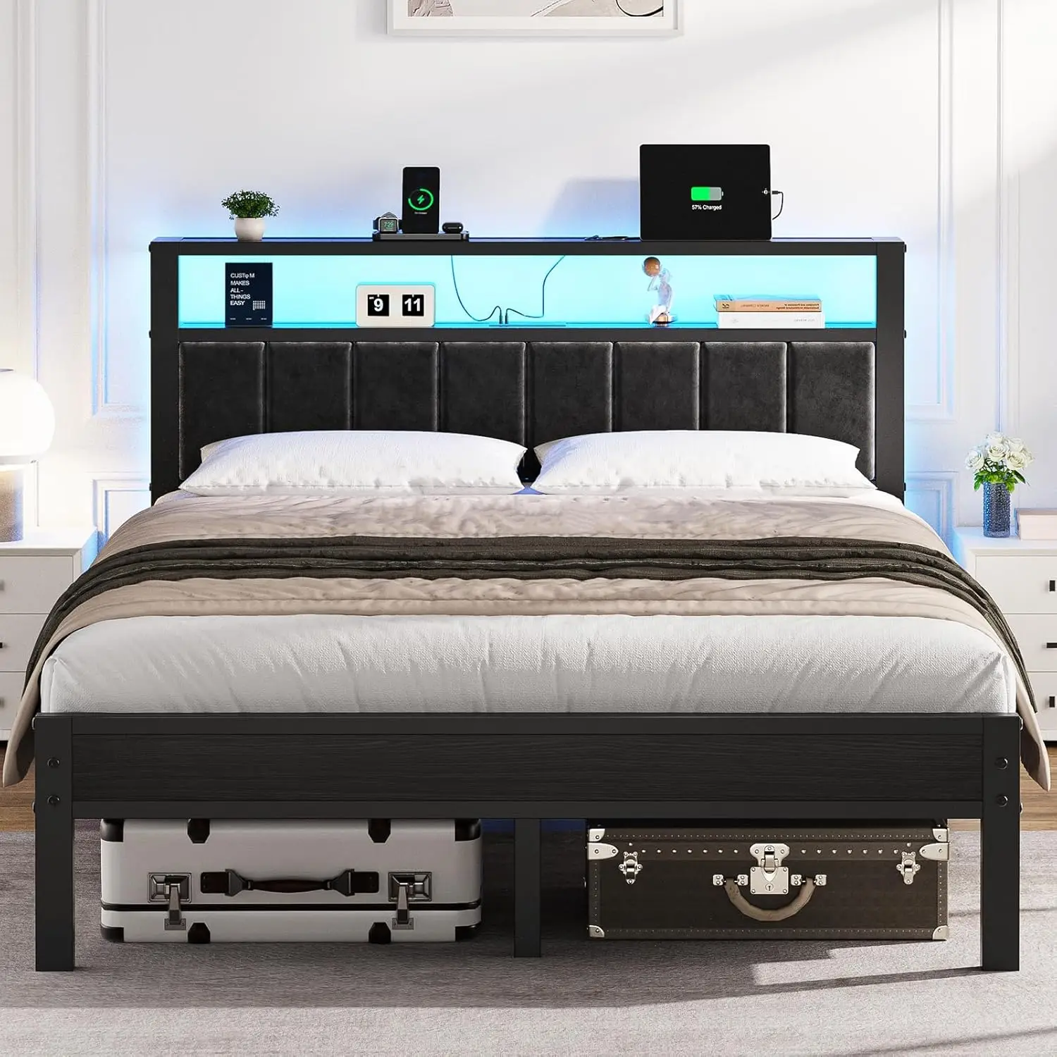 OLEVS Queen Size Bed Frame with LED Lights & Charging Station, Modern Platform Bed with 2-Tier Storage Headboard, No Box Spring
OLEVS Queen Size Bed Frame with LED Lights & Charging Station, Modern Platform Bed with 2-Tier Storage Headboard, No Box Spring