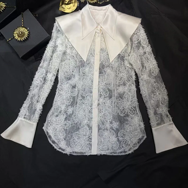 Women's sheer lace-paneled top, collared shirt, stylish and elegant sequined single-breasted jacket, high-quality blouse, 2026,
Women's sheer lace-paneled top, collared shirt, stylish and elegant sequined single-breasted jacket, high-quality blouse, 2026,