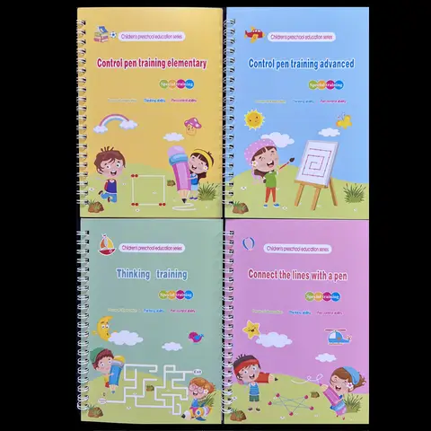 4pcs Children Control Pen Traning Book Reusable Writing Free Wiping English Verison Kids Magic Practice Copybook Preschools