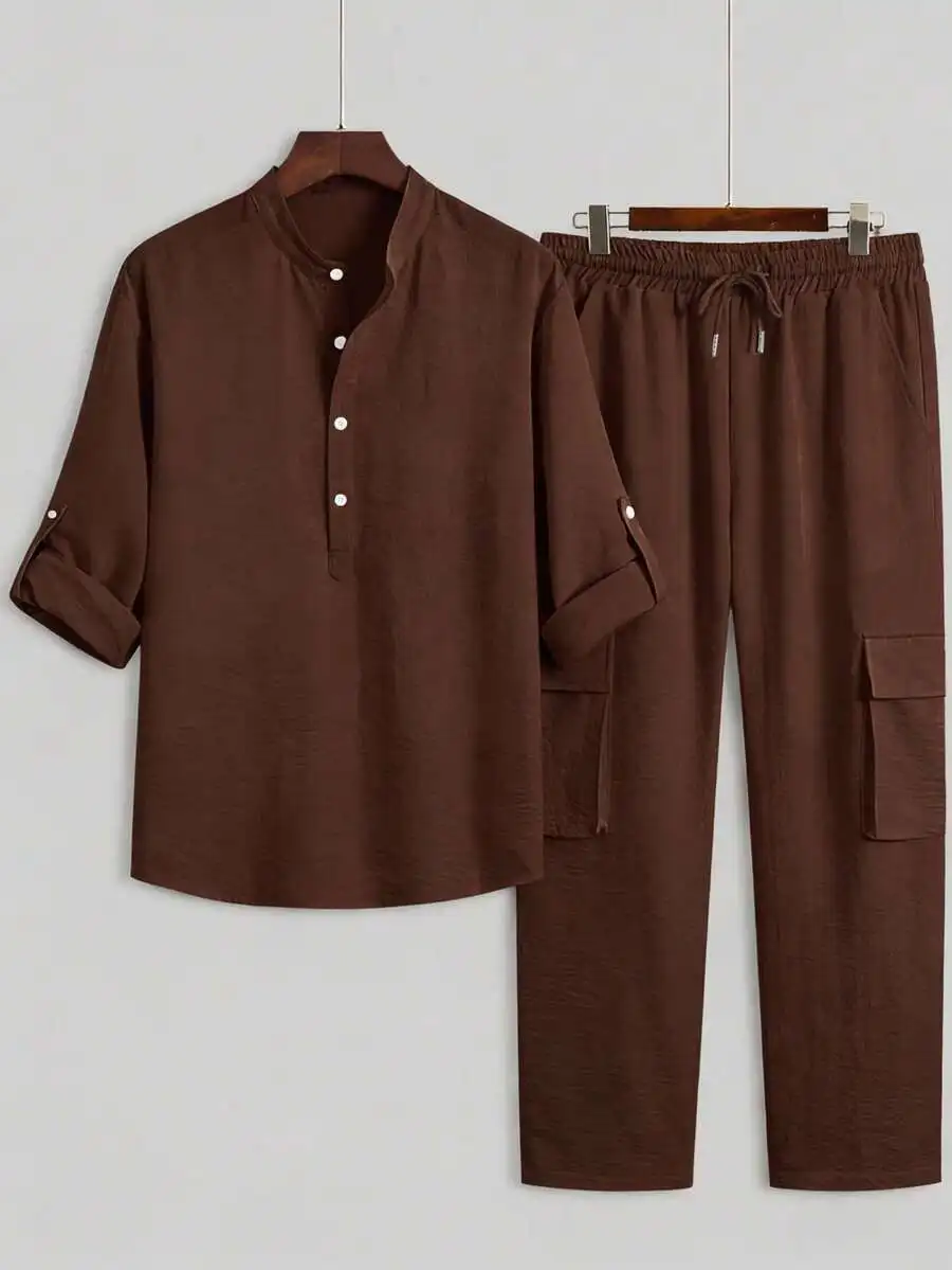 Mens Lightweight Breathable Mandarin Collar Button-Up Shirt And Pants Set Casual Solid Color
Mens Lightweight Breathable Mandarin Collar Button-Up Shirt And Pants Set Casual Solid Color