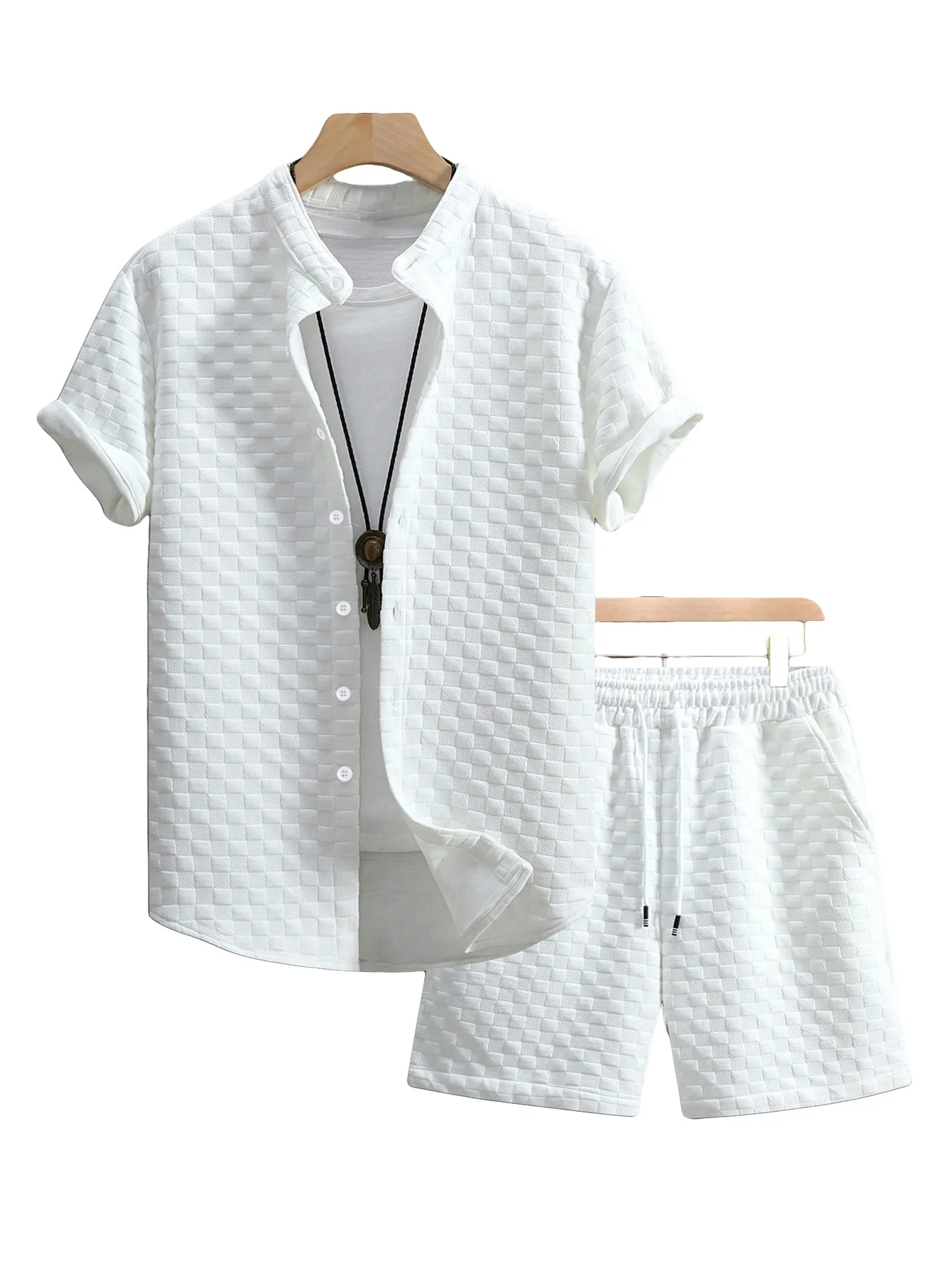Summer men's casual fashionable solid-color set with a stand-up collar buttoned design short-sleeved shirt and breathable shorts
Summer men's casual fashionable solid-color set with a stand-up collar buttoned design short-sleeved shirt and breathable shorts