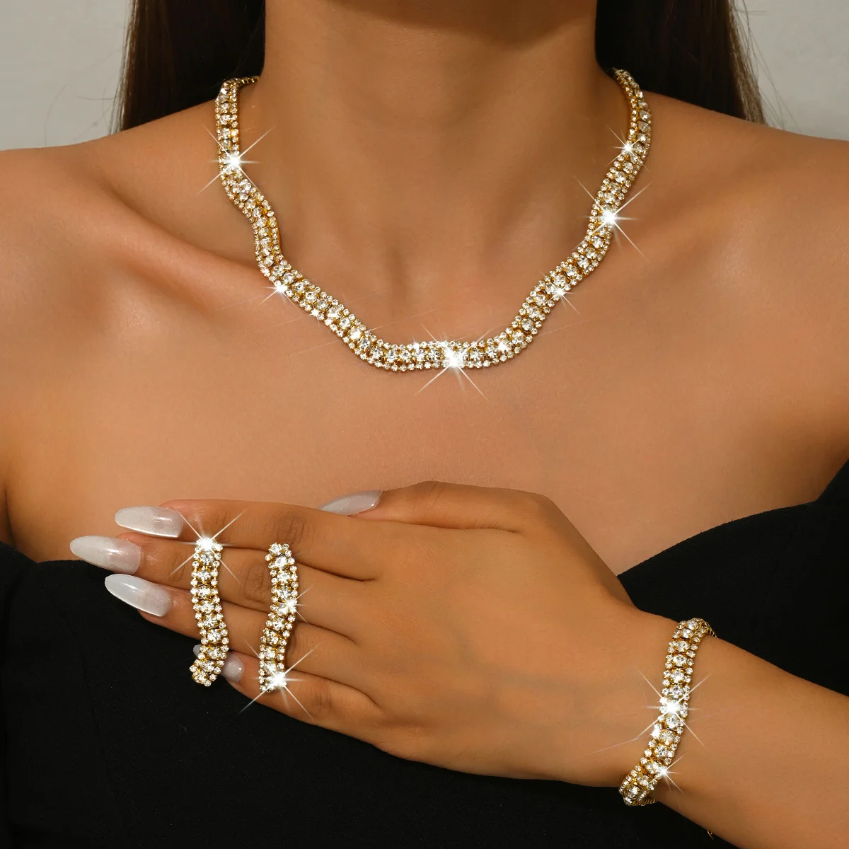 Luxury Gold Crystal Choker Jewelry Set for Women, Sparkling Rhinestone Tennis Necklace Bracelet Ring Set for Prom Party
Luxury Gold Crystal Choker Jewelry Set for Women, Sparkling Rhinestone Tennis Necklace Bracelet Ring Set for Prom Party