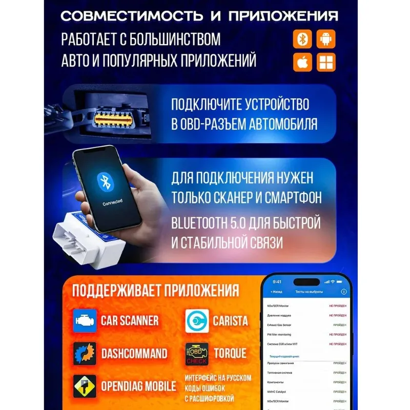 OBD2 ELM327 Автомобильный сканер с Bluetooth-универсальным диагностическим инструментом для двигателей для комплексной диагностики автомобилей
OBD2 ELM327 Автомобильный сканер с Bluetooth-универсальным диагностическим инструментом для двигателей для комплексной диагностики автомобилей