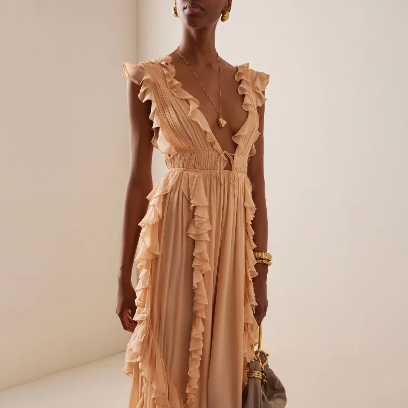 Elegant Custom Evening Gown Deep V Neck Backless Long Dress With Lace Up Ruffles For Banquet
Elegant Custom Evening Gown Deep V Neck Backless Long Dress With Lace Up Ruffles For Banquet