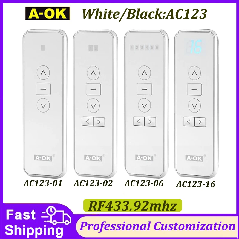 A-OK AC123 Wireless Remote Controller RF433 1/2/6/16-Channel Control Transmitter for Electric Curtain Motor with Battery
A-OK AC123 Wireless Remote Controller RF433 1/2/6/16-Channel Control Transmitter for Electric Curtain Motor with Battery