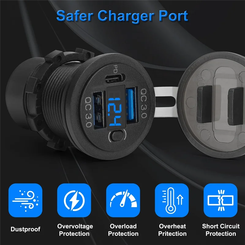 CABE-Dual QC3.0 18W& PD 30W USB C Quick Charging Port, Voltmeter Display Car Charger Socket 12V Waterproof For Marine Vehicle Bo
CABE-Dual QC3.0 18W& PD 30W USB C Quick Charging Port, Voltmeter Display Car Charger Socket 12V Waterproof For Marine Vehicle Bo