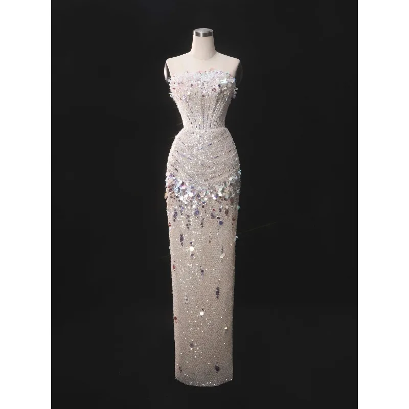 Handmade Iridescent Mermaid Evening Party Dress Women Silver Strapless Luxury Sequin Rhinestone Formal Gown for Prom Wedding
Handmade Iridescent Mermaid Evening Party Dress Women Silver Strapless Luxury Sequin Rhinestone Formal Gown for Prom Wedding