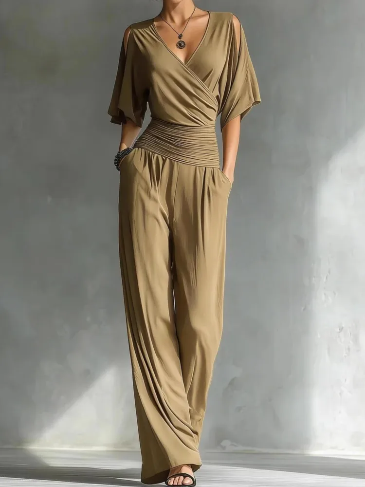 Sexy V Neck Ruched Waist Long Jumpsuit For Women's Solid Pocket Casual Pants Romper New 2026 Summer Short Sleeve Hollow Overalls
Sexy V Neck Ruched Waist Long Jumpsuit For Women's Solid Pocket Casual Pants Romper New 2026 Summer Short Sleeve Hollow Overalls